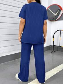 SHEIN Essnce Damen Mode Große Größen Frühling und Sommer Lässiger Sport Komfort Hoch Elastisch Schwarz Grundlegender Stil mit Taschen Tägliches Kurzarm T-Shirt und Hose Zweiteiler Set, Flughafen Outfit für Damen, Hosenanzug, Streetwear, Kirchenkleidung für Damen, Loungewear für Damen, Y2K Kleidung, Sommer Outfits für Damen - Königsblau - Übersicht 2