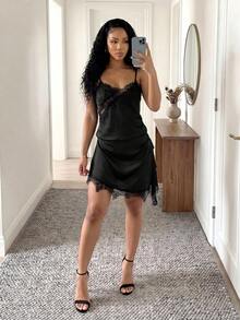 SHEIN Đầm hai dây gợi cảm viền ren thời trang mới - màu đen - Xem 8