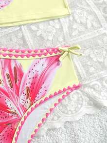 Teen Girl & Teen Girls' Yellow Floral Print Spaghetti Strap Tankini Swimwear Set, 2pcs, Colorblock Shell Trim, Beach Holiday, Summer Swimwear - Yellow - View 4