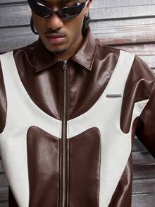 AXEPEAK Men's Fashionable Contrast Color Zip-Up Short Sleeve Shirt, Summer - Coffee Brown - View 2