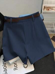 Franclia Casual & Commuting Fashion Versatile Mid-High Waist Belted Summer New Solid Color Khaki Shorts For Women - Navy Blue - View 2
