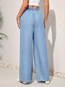 SHEIN PETITE CURVE 大码女式休闲水洗直筒牛仔裤 - 淺色水洗藍 - 查看 3