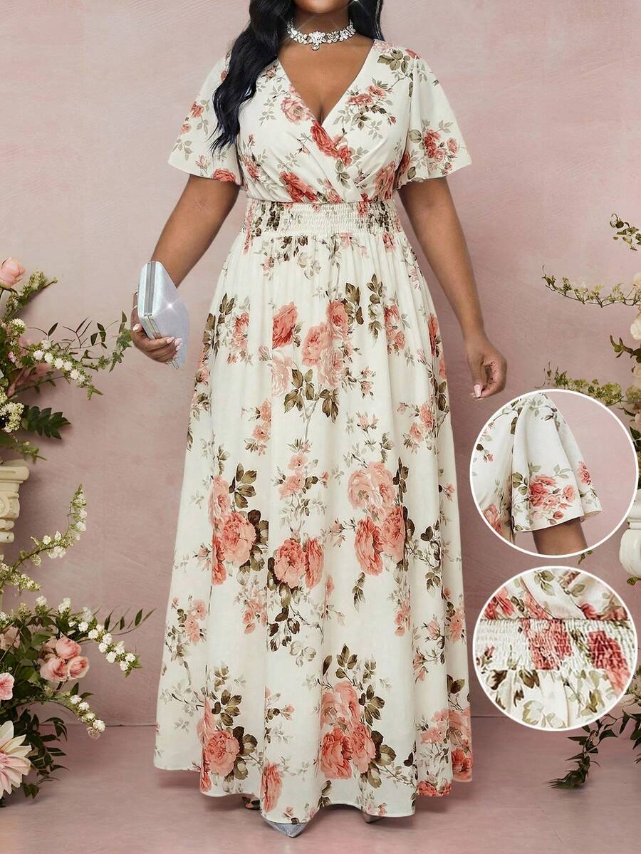 SHEIN Lady 大码优雅印花连衣裙,夏季 - 彩色 - 查看 1