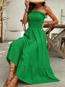 EMERY ROSE Vestido Longo Casual Feminino Sem Alças para Férias de Verão com Decoração Simples de Babados - Verde - Visão 5