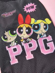 THE POWERPUFF GIRLS X SHEIN 1件可爱卡通印花网眼宠物背心，运动背心，猫狗通用，尺码从XXS到XXXXXL，从超小到超大，友谊、花朵、绒球、泡泡图案 - 黑色 - 查看 2
