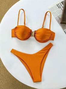 Solid Color Slim Spaghetti Strap Underwire Top & Shorts 2 Pieces Swimwear Set For Women, Summer - Rust Brown - View 3