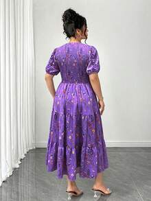 Elenzga Plus Size Women's Short Sleeve Elegant Floral Print Elastic Waist Layered A-Line Dress, Suitable For Spring And Summer - Purple - View 2