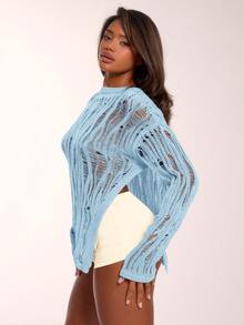 MUSERA Distressed Knitted Asymmetric Sweater Long Sleeve Tops Vacation Summer Sheer Boho, Concert,Ibiza Oversized Airport Festival Rave Winter Party Chic Spring - Blue - View 5