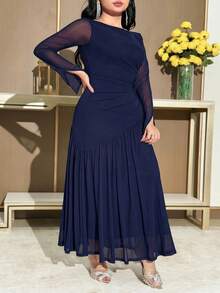 Feyla Plus Size Women Solid Color Contrast Mesh Ruffle Elegant Dress Wedding Gym Navy Blue Autumn Fall - Navy Blue - View 7
