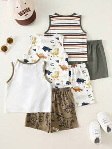 SHEIN 6pcs/Set Unisex Baby Casual Cute Cartoon Print Knit Vest & Shorts Set, Summer Outfit - Multicolor - View 2