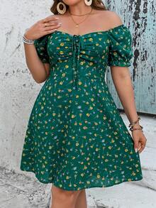 SHEIN VCAY Plus Size Women's Black Floral Heart Neck Sundress, Front Drawstring Short Sleeve Mini Dress - Green - View 4