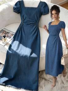 Elenzga Summer Vacation Casual Vintage Chic Elegant Square Neck Puffed Sleeve Ruched Waist Light Blue Denim Daily Wear Going Out Women's Midi Denim Dress - Dark Wash - View 1