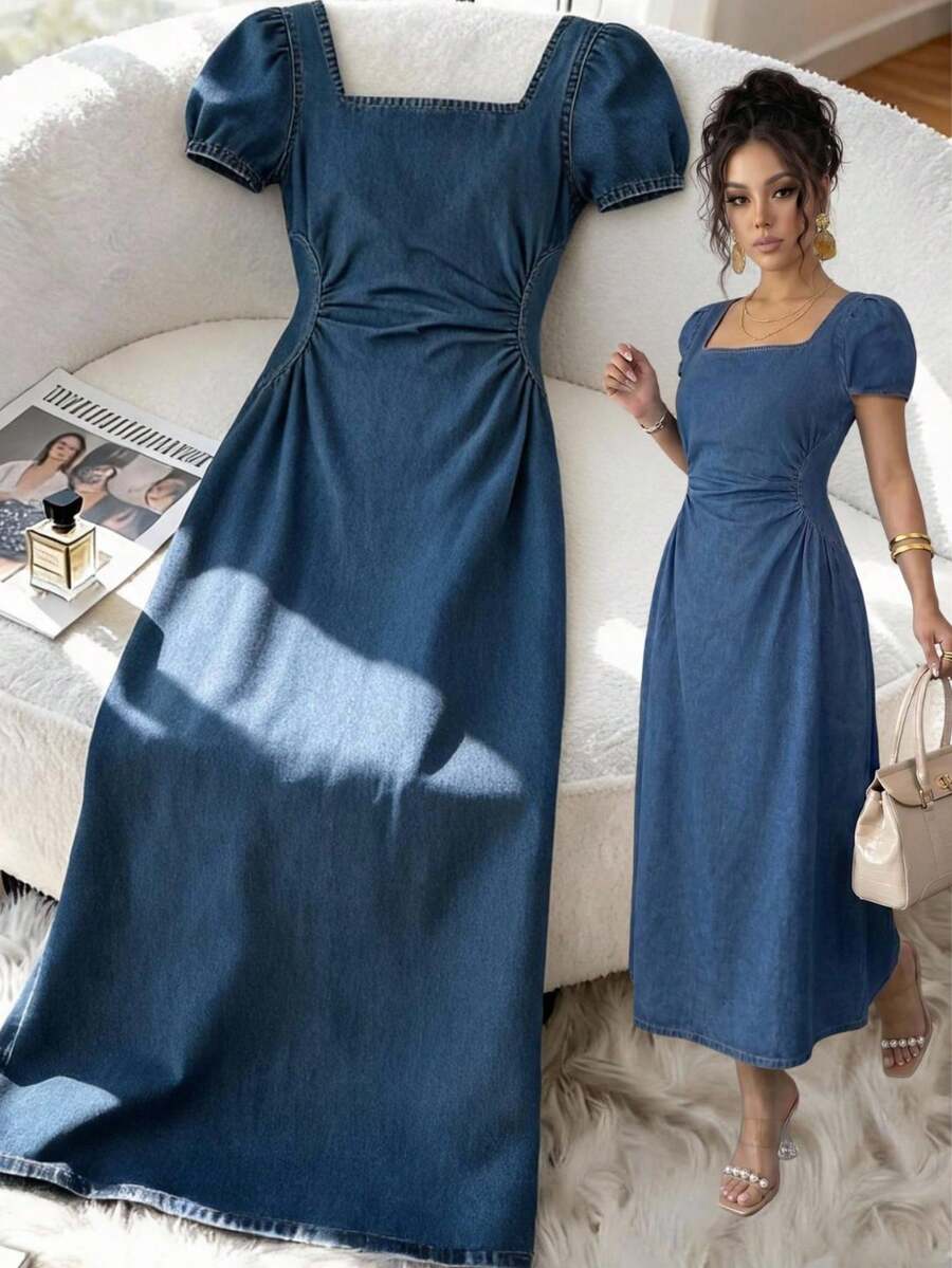 Elenzga Summer Vacation Casual Vintage Chic Elegant Square Neck Puffed Sleeve Ruched Waist Light Blue Denim Daily Wear Going Out Women's Midi Denim Dress - Dark Wash - View 1