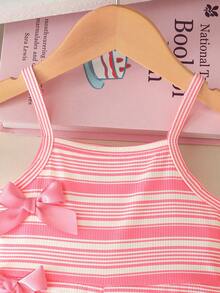 Genkimix Kids Baby Girls' Casual Sleeveless Elastic Ribbed Fabric Bow Decor Short Jumpsuit, Pink Ribbed, Summer - Pink - View 5