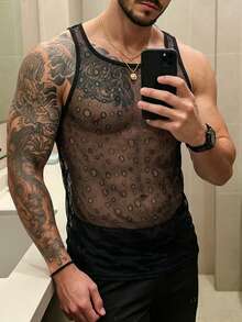 Manfinity Dauomo Áo vest nam gợi cảm, ren lưới rách xuyên thấu, ôm sát. - màu đen - Xem 4