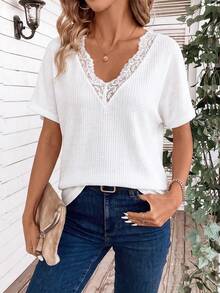 EMERY ROSE Women's Spring/Summer New Arrival Lace Trim V-Neck Casual Versatile Short Sleeve T-Shirt - White - View 4