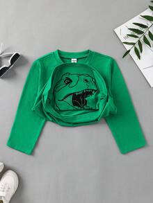 SHEIN 这款舒适时尚的男童短袖针织T恤采用趣味十足的恐龙卡通印花，圆领设计，宽松版型。非常适合上下学通勤、日常休闲穿着、度假、运动以及春夏季节穿着。也可作为复活节礼物。 - 綠色 - 查看 5