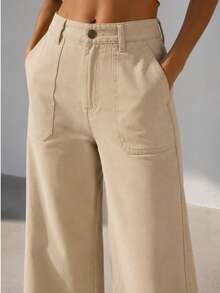 Pantalón gabardina wide leg bolsas parche - Beis - Ver 2