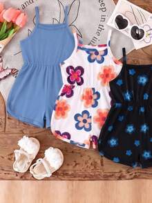 3pcs/Pack Baby Girls' Summer Cute Hibiscus Floral Strap Rompers,Soft Round Neck Casual Tropical Versatile Multicolor Vacation Beach Holiday Outfits - Multicolor - View 5