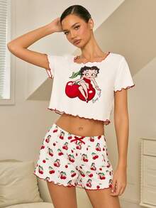 Betty Boop x SHEIN Bộ đồ ngủ nữ in hình hoạt hình gồm áo croptop và quần short - trắng - Xem 7
