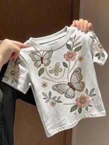 女童休閒圓領短袖T恤，花卉與蝴蝶印花，適合夏季 - 彩色 - 查看 4