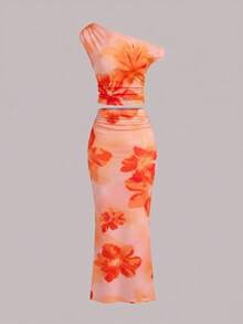TEENGIRL Blue Casual Floral Pattern Asymmetric Ruched Fitted Two Pieces Skirt Set, Suitable For Summer & Vacation - Multicolor - View 5