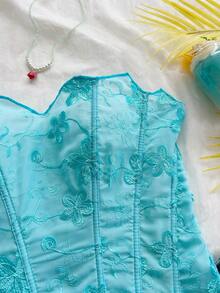 Soleia 女款藍色花卉蕾絲抹胸束腰上衣，鏤空刺繡修身款，夏季優雅度假度假穿搭 - 藍色 - 查看 6