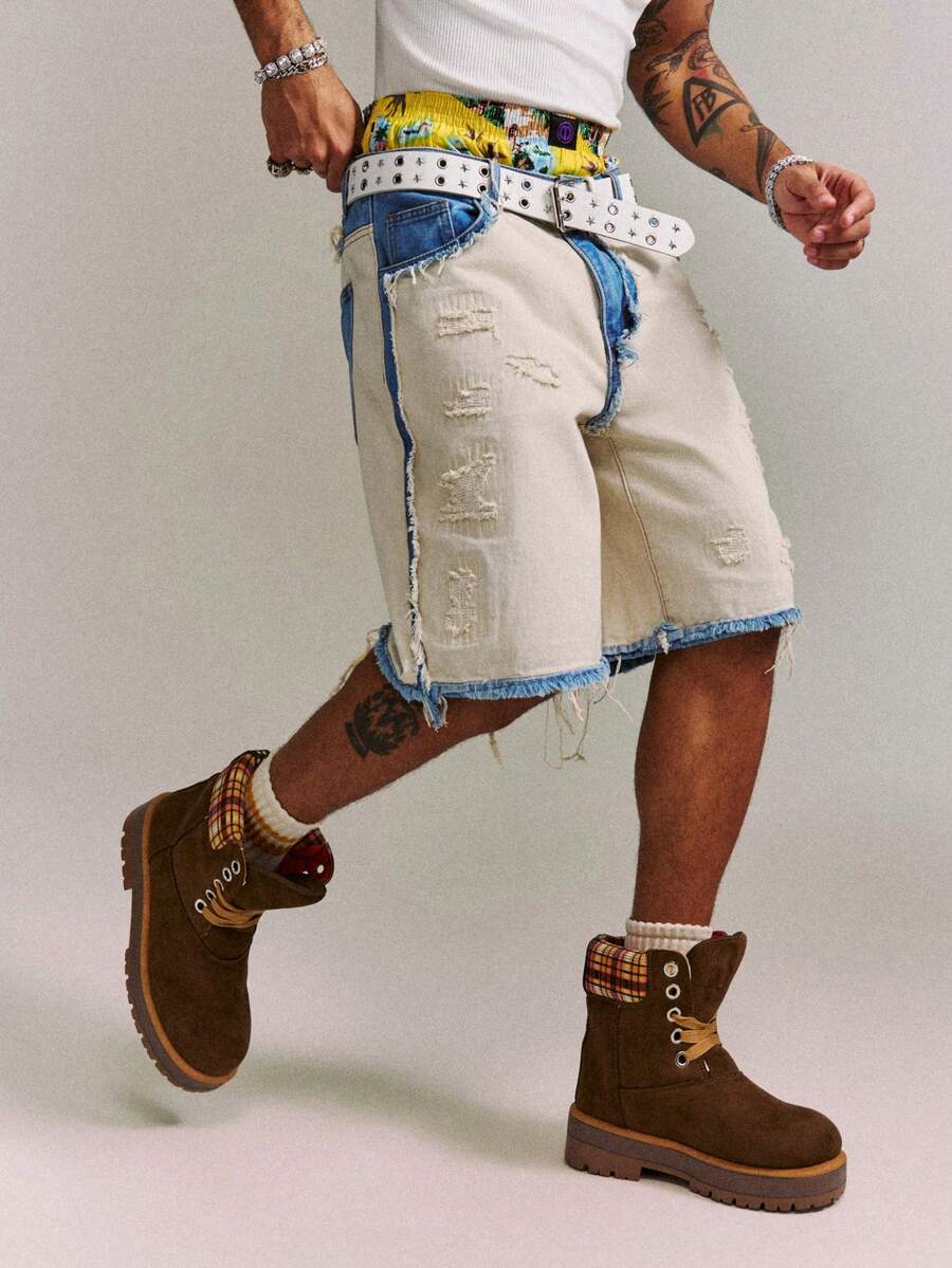 CRAVYNX Manfinity Streetrush Men's Contrast Color Fringe Casual Denim Shorts - Khaki - View 1