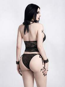 ROMWE Áo bikini hai mảnh hở lưng kiểu Gothic tối màu dành cho nữ, chất liệu ren, kiểu dáng thanh lịch, thích hợp cho kỳ nghỉ biển, mùa xuân/hè/thu. - màu đen - Xem 2