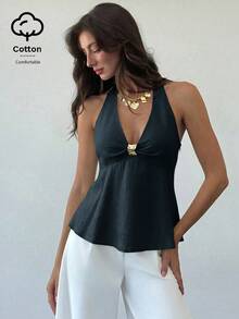 Aloruh Women's Linen Metal Decor Waist A-Line Shirt, Spring/Summer,Summer Top - Navy Blue - View 8