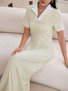 Modelyn Vestido feminino casual estilo executivo, listrado em amarelo e branco, comprimento midi com gola branca. - Amarelo - Ver 8