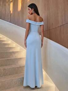 Firerie 露肩开叉大腿伴娘礼服优雅正式晚会舞会婚礼宾客礼服，适合毕业典礼、晚宴派对礼服 - 淺藍色 - 查看 5