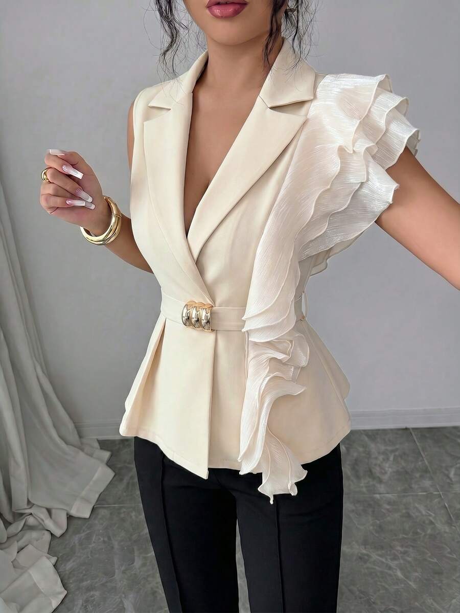 SHEIN Elenzya Áo blazer nữ cổ chữ V sâu, ve áo xếp nếp, kiểu dáng thường ngày, đa năng, thích hợp đi làm. - Màu be - Xem 1