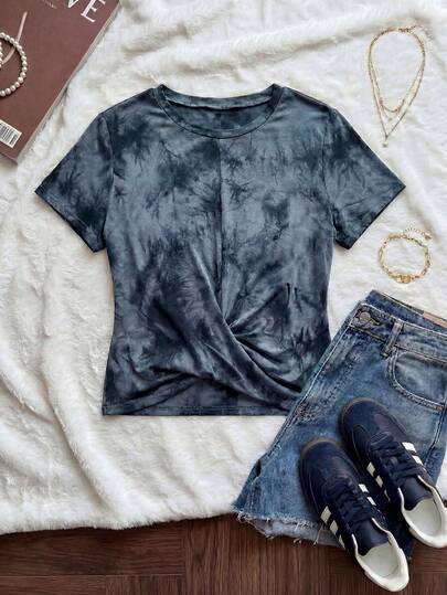 Comfortcana Camiseta de manga corta con estampado de teñido anudado de estilo retro y casual para mujer de talla grande