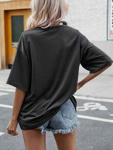 Selamara Letter Graphic Drop Shoulder Tee Graphic Tees Women Tops - Dark Grey - View 2