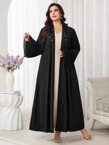 Al Najma Plus Size Women Sequin Patchwork Elegant Long Sleeve Abaya - Black - View 5