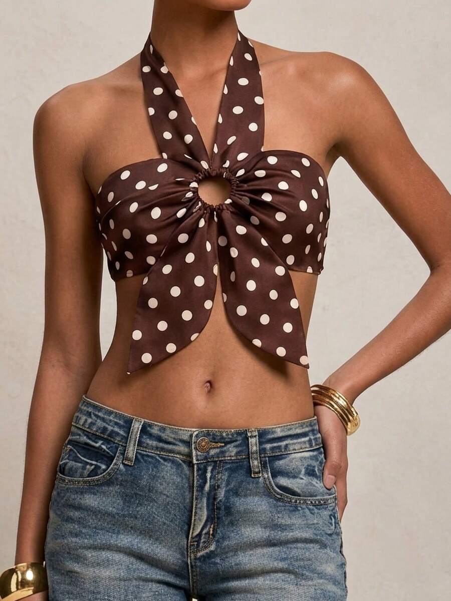 Travachic Polka Dot Print Satin Halter Neck Tie Top - Brown - View 1