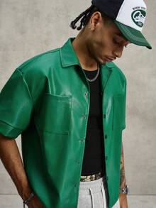 PAVTROS Men's Green PU Leather Utility Shirt,Button Front Box Cut Short Sleeve Pocket Casual Streetwear Night Summer Shades Of Green Outdoor Wear - Green - View 6