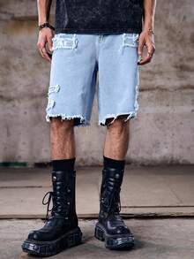 Skyrend Men's Loose Fit Light Blue Ripped Frayed Raw Hem Denim Shorts Y2K Streetwear Jorts - Light Wash - View 5