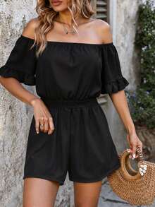 Swim Vcay Women's Summer Beach Solid Color Off Shoulder Ruffle Sleeve Drawstring Waist Casual Romper Jumpsuit - Black - View 1