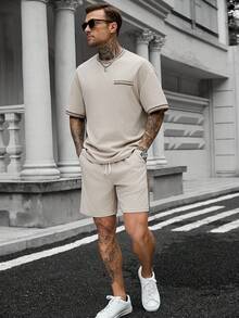 Manfinity CasualCool Bộ áo thun nam tay ngắn vai rớt, kiểu dáng thường ngày, thoải mái và thoáng khí cho mùa hè. - Màu Khaki - Xem 6