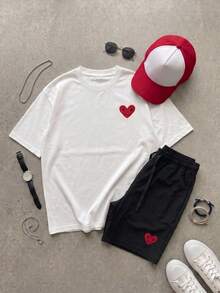 Manfinity Hypemode Herren Slogan & Herz Muster Kurzarm T-Shirt und Shorts Lässig anzug - Weiss - Übersicht 2