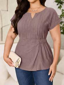 Reflora Camisa de uso diario versátil y casual con pliegues de unicolor para mujer de talla grande - Rosa vieja - Ver 4