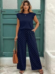 EMERY ROSE Casual Minimalist Blue Polka Dot Plus Size Printed 2 Pieces Set, Suitable For Summer - Multicolor - View 6