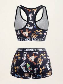 LOONEY TUNES X SHEIN Bộ đồ lót nữ in chữ và hoạt hình gồm áo ngực và quần đùi, thích hợp mặc hàng ngày. - màu đen - Xem 2