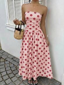 SHEIN EZwear Đầm cúp ngực nữ màu hồng chấm bi, xếp ly, thích hợp cho kỳ nghỉ, thời trang mùa thu, trang phục dự đám cưới, váy sinh nhật, đi chơi, lễ tốt nghiệp, tựu trường, kỳ nghỉ lễ, cuộc thi, tiệc tùng. - Nhiều màu - Xem 5