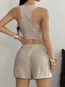 SHEIN EZwear 女士休闲纽扣短款背心和休闲口袋短裤套装 - 卡其色 - 查看 2