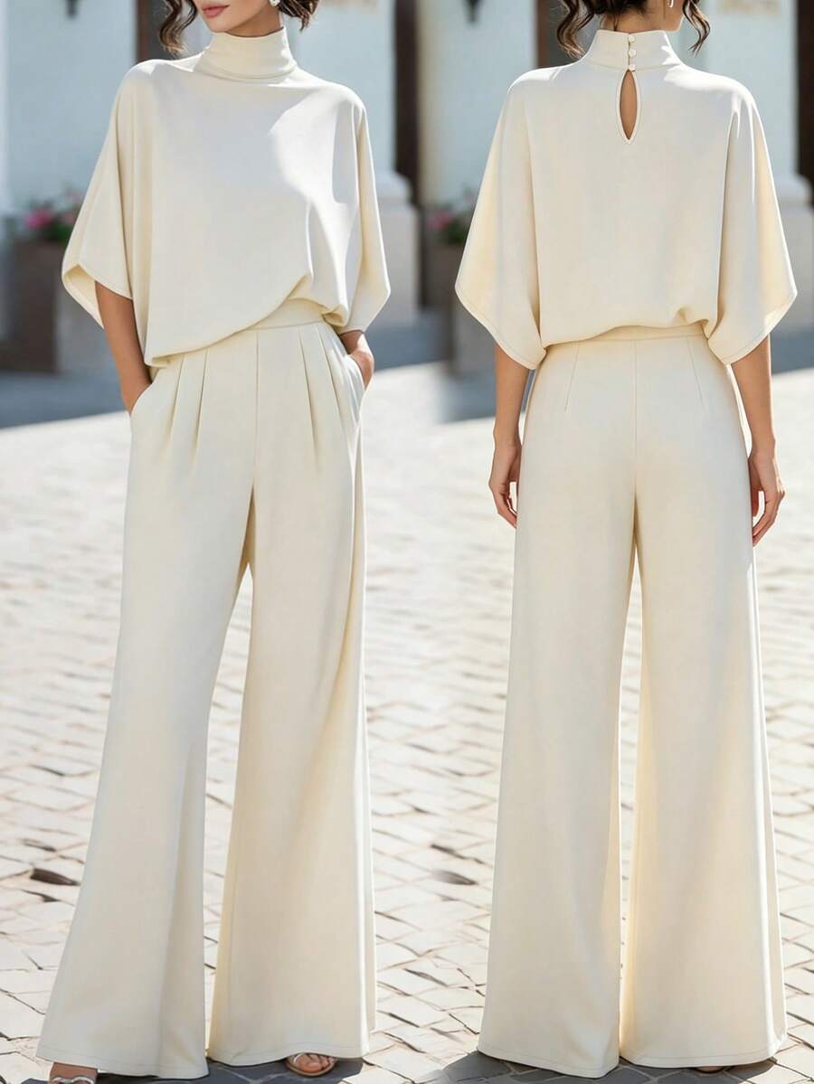 SHEIN Bộ 2 món gồm áo len cổ cao mềm mại và quần ống rộng cạp cao, kiểu dáng rộng rãi, thoải mái, thích hợp mặc đi làm, phù hợp cho mùa hè 2026. - Màu be - Xem 1