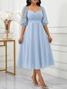 SHEIN Lady Women's Elegant Ellegant Light Blue Midi Dress With Sweetheart Neckline And Lace Balloon Sleeves Perfect For Parties Wedding,Dresses For Women Summer - Baby Blue - View 5