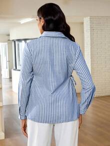 MaterniWear 孕婦條紋長袖側綁帶休閒襯衫 - 藍色 - 查看 2